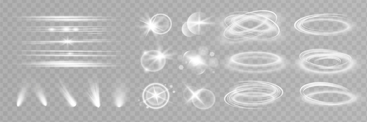 Starlight effect set and spotlight. Glow isolated white transparent light effect set, glitter, line, sun flash, dust, stars, sunlight, spotlight, swirl, spiral, portal or tunnel. Abstract © Liza