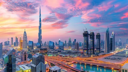 Vibrant Dubai city center, featuring towering skyscrapers and a lively atmosphere