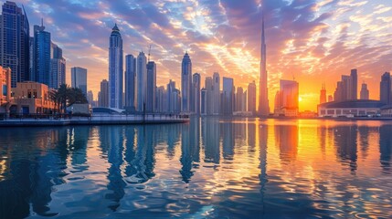 Fototapeta premium Vibrant Dubai city center, featuring towering skyscrapers and a lively atmosphere