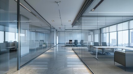 Modern Office Interior With Glass Walls And City View.