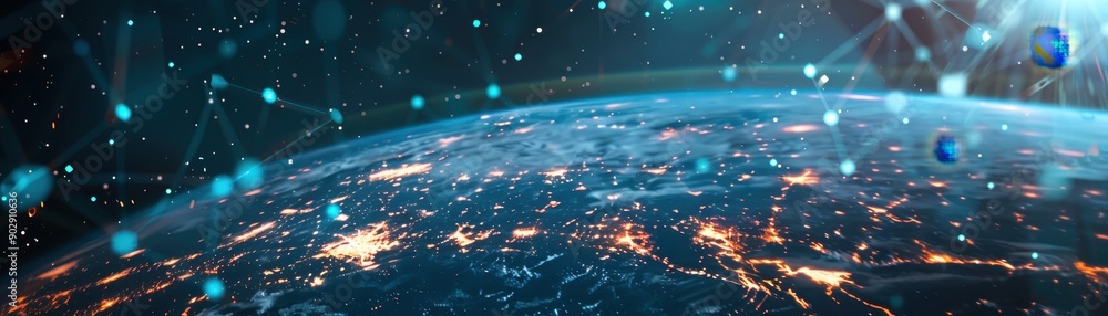 Poster a globe with a network of lines and dots surrounding it. the globe is surrounded by a dark backgroun