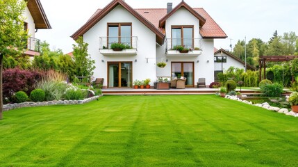 A stunning white mansion features lush greenery and vibrant flowers in a serene garden under bright sunlight