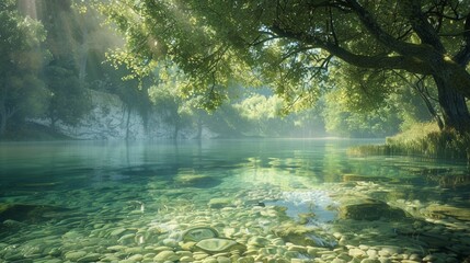 Fototapeta premium A tranquil river landscape with clear water, lush trees, and a serene atmosphere, ideal for nature and environmental ads.