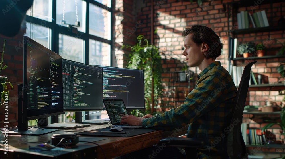 Poster the developer coding at desk