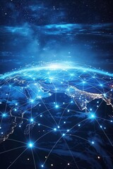 Fototapeta premium A globe with a network of lines and dots surrounding it. The globe is surrounded by a dark background