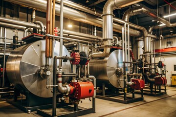 Fototapeta premium Industrial boiler room with large stainless steel boilers and red piping in a modern factory, technology concept