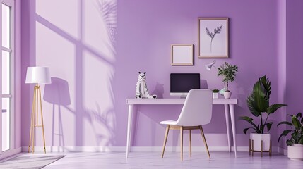 Modern home office with a purple wall, white furniture, and green plants, bathed in natural sunlight. A cozy and stylish workspace.