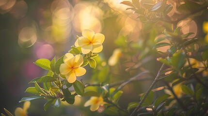 Obraz premium Yellow Plumeria Flowers in Golden Hour Sunlight