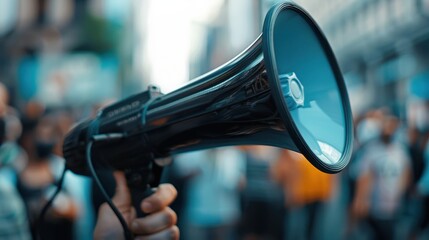 A close-up image of a person holding a megaphone amidst a protest or public gathering, highlighting communication and advocacy in a dynamic outdoor environment.