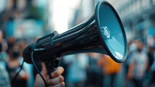 A close-up image of a person holding a megaphone amidst a protest or public gathering, highlighting communication and advocacy in a dynamic outdoor environment.