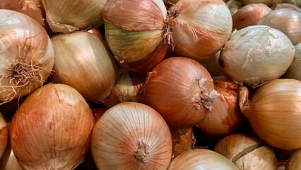 Fresh sweet onions at a farmers market. Fresh onions background. A bunch of Yellow onions