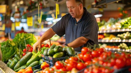 Man arranging fresh produce in a grocery store with vibrant vegetables including cucumbers, tomatoes, and lettuce