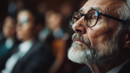 Blurry image of people seated and attentively watching an event or presentation, highlighting their focused attention and creating a sense of anticipation or importance.