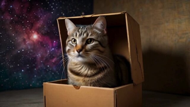 Schr&ouml;dinger's Cat in a Cardboard Box with a Galaxy Background, quantum superposition