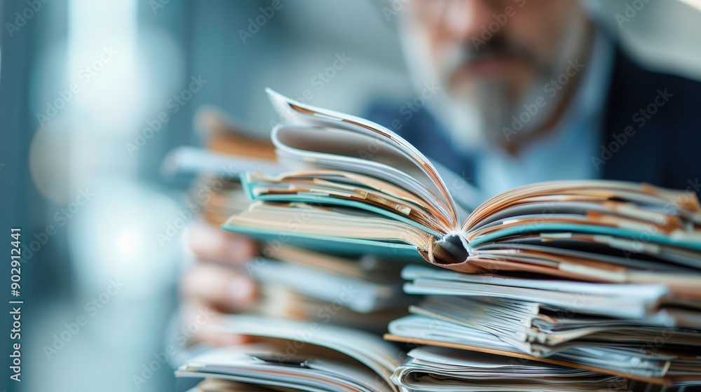 Poster an individual is thoroughly reviewing and studying from multiple open books and notes, indicating de