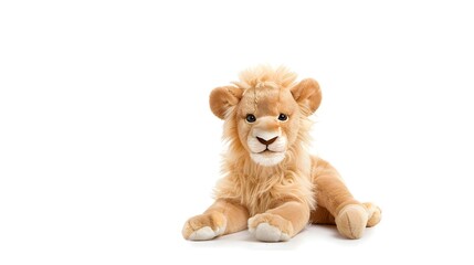 A plush toy lion with a mane, soft, wild, innocence, isolated on white background