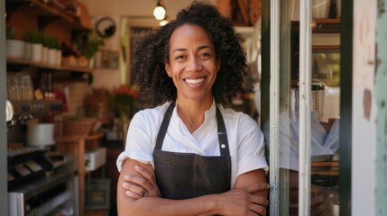 Smiling Female Chef Standing Confidently at Restaurant Entrance, Arms Crossed