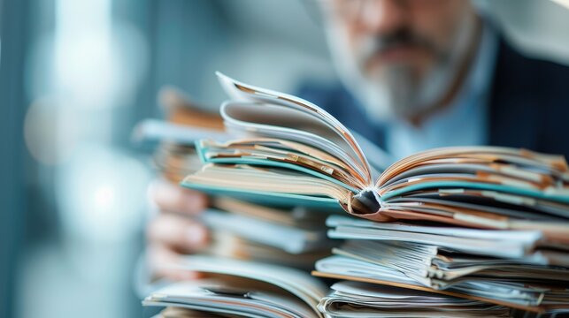 An individual is thoroughly reviewing and studying from multiple open books and notes, indicating deep concentration and focus. A detailed examination of documents.