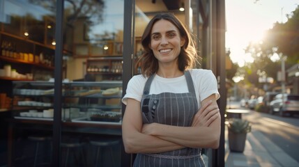 Smiling Woman in Apron Standing Outside a Bakery at Sunset