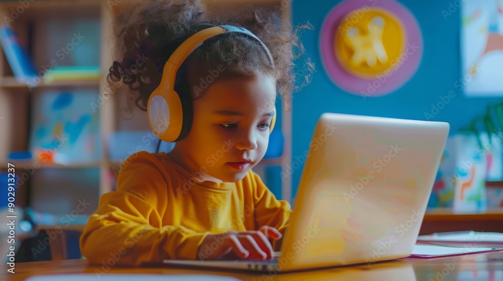 Poster a child wearing headphones interacts with a laptop, focused on learning in a colorful and inviting s
