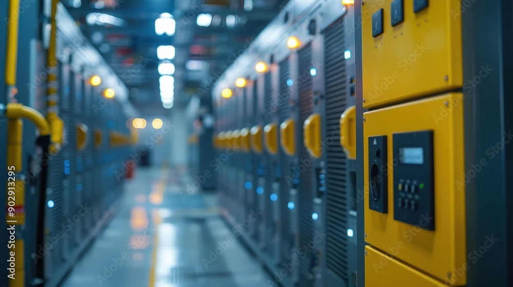 Poster a row of computer servers are yellow and black. the servers are in a large room with a lot of light