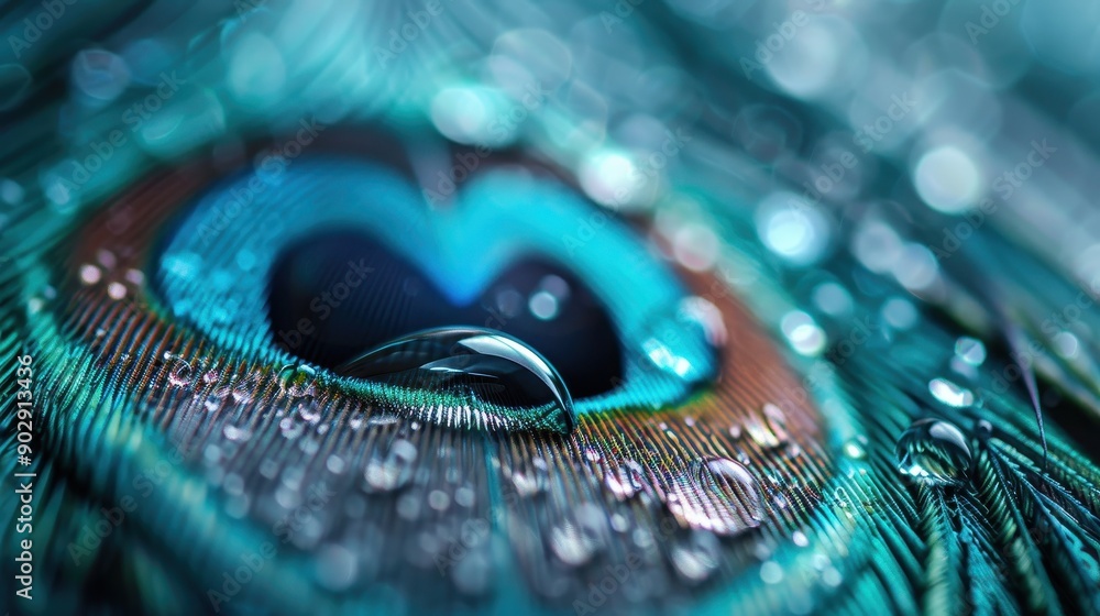 Poster this macro image highlights the exquisite details of a peacock feather decorated with water droplets