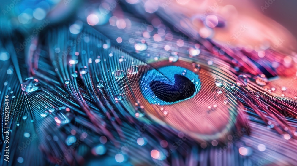 Poster this macro image features a close-up of a multicolored feather with water droplets, capturing its vi