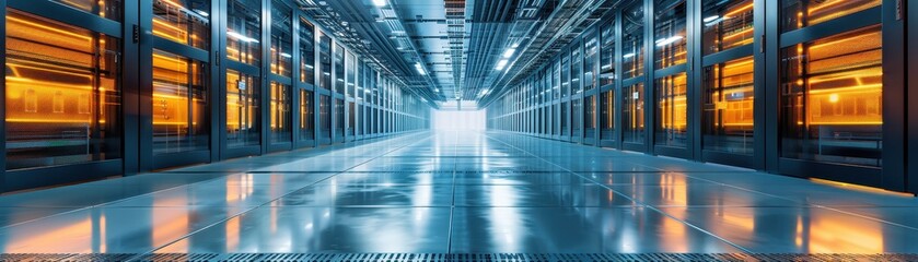 A row of computer servers are yellow and black. The servers are in a large room with a lot of light