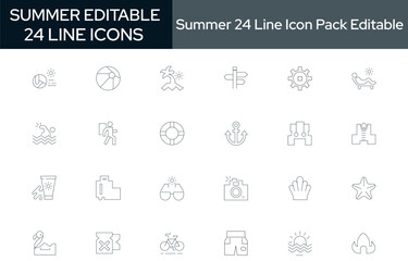 WebCollection of 24 summer editable line icons. These design elements are suitable for your projects and are provided as vector illustrations."