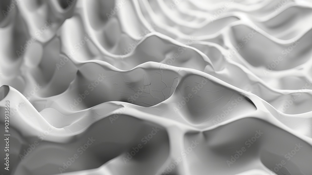 Poster abstract 3d wave pattern showcasing smooth, flowing curves in shades of white and gray, evoking a se