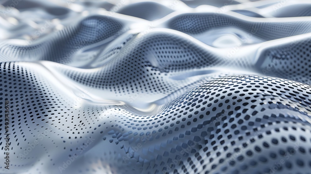 Poster abstract 3d wave pattern with metallic texture, showcasing wavy surfaces and perforated design. futu