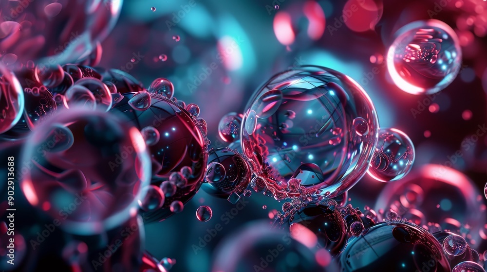 Aufkleber abstract close-up of floating bubbles in vibrant blue and red light, creating a mystical and dreamy 