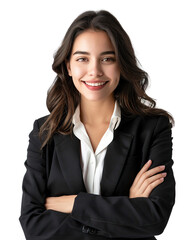 Obraz premium A young Hispanic businesswoman stands smiling with arms crossed, exuding confidence.