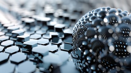 Abstract 3D rendering of hexagonal geometry with metallic spheres. The concept showcases futuristic technology and materials science innovation.