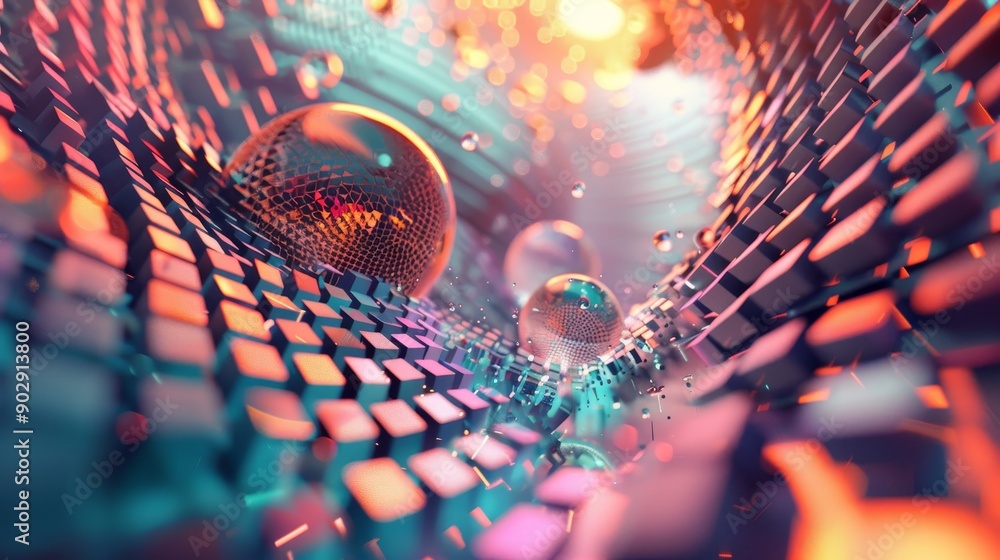 Poster abstract digital tunnel with colorful lights and glowing spheres, representing data flow and futuris
