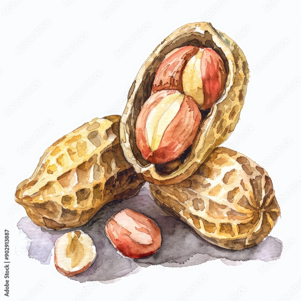 Wall mural Nutritious Peanut Butter. Hand Drawn Watercolor Illustration of Roasted Peanuts, Organic and Healthy Snack