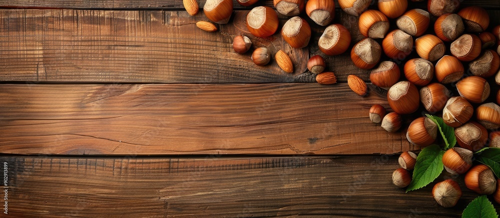 Poster healthy concept with hazelnuts and nuts arranged beautifully on a wooden table perfect for a copy sp