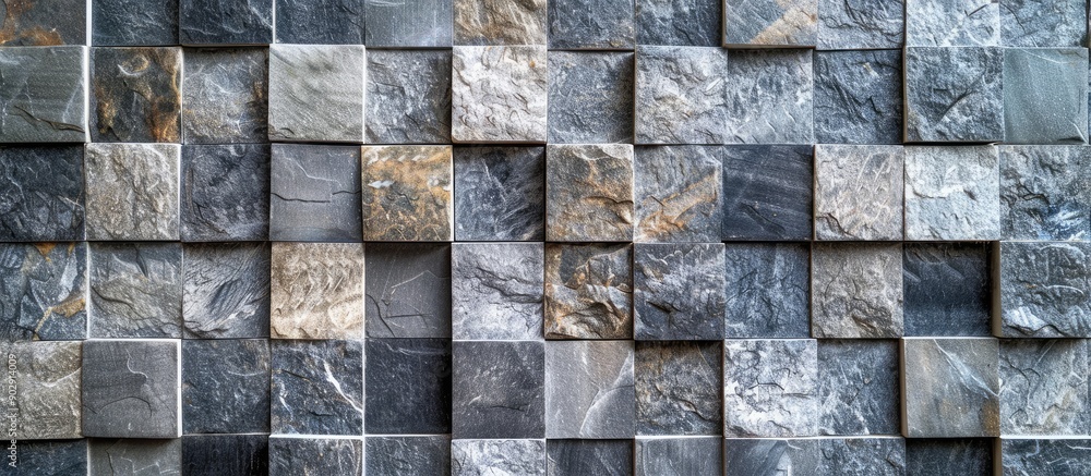 Poster background of gray stone tiles forming a seamless mosaic wall pattern ideal for use as a copy space 