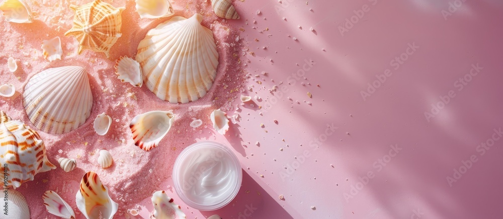 Aufkleber flat lay with suntan cream seashells and a marble pebble sun on a pink backdrop providing ample copy