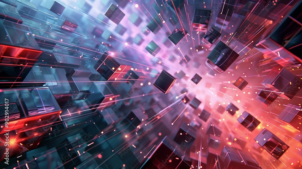 Poster dynamic abstract cubes with a futuristic digital background, blending red and blue hues in a technol
