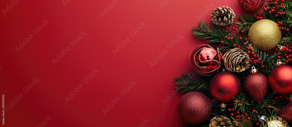 Poster festive christmas tree ornaments displayed on a vibrant red backdrop with copy space image