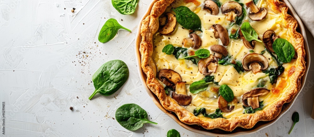Leinwandbilder pie with mushrooms spinach and cheese displayed on a white background with copy space image