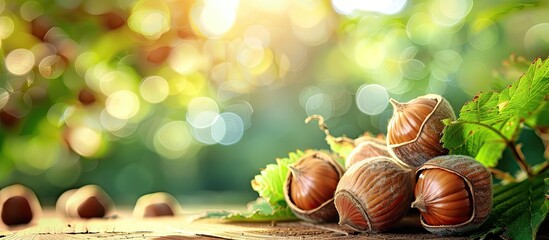 Hazelnut kidney on a nature background with copy space image Ideal for labels print ads and greeting cards featuring the growing nut in spring