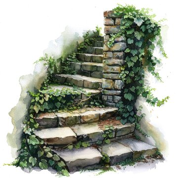 Old Stone Stairway Overgrown with Ivy in Watercolor Illustration