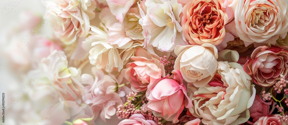Poster an exquisite bouquet of artificial flowers as a border on a background with ample copy space image
