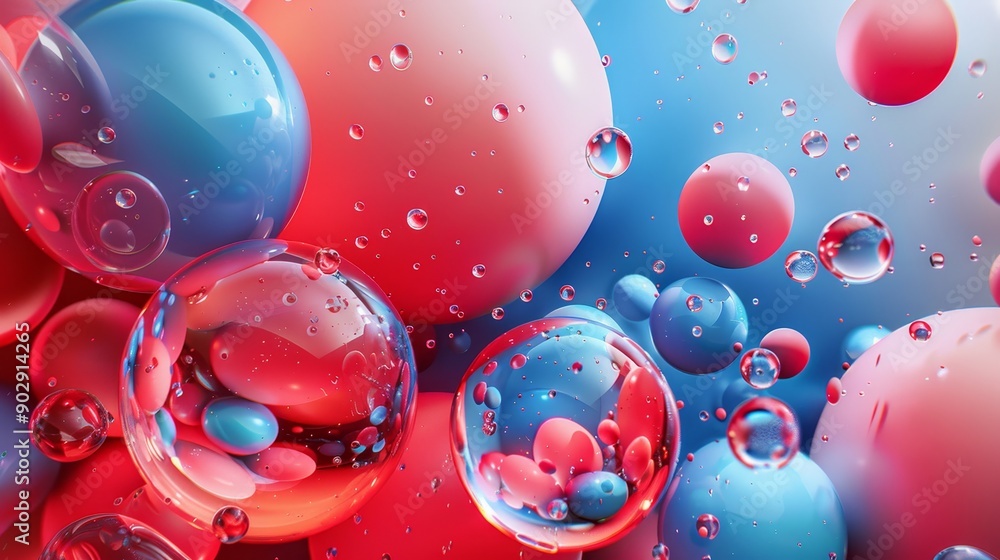 Poster vibrant abstract background with red and blue bubbles floating in water, creating a captivating and 