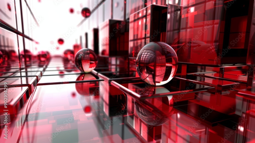 Poster a futuristic digital artwork featuring red glass spheres and geometric shapes reflecting on a glossy