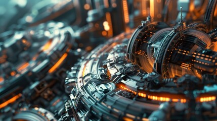 Fototapeta premium Futuristic sci-fi cityscape with intricate technology and glowing lights, showcasing advanced industrial architecture and modern design.