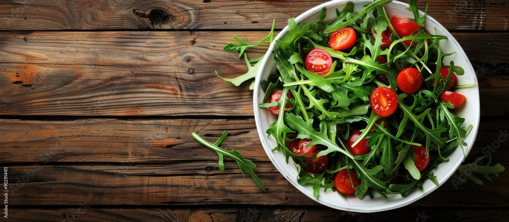 Poster Fresh salad with arugula and cherry tomatoes on a rustic wooden table showcasing a copy space image