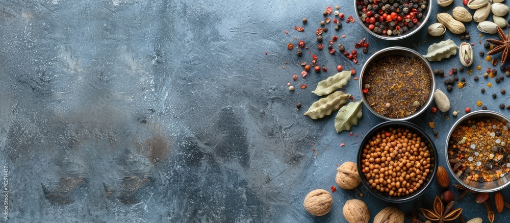 Poster Top view of various spices and nuts in a bowl on a textured light gray table with room for text in the image. Creative banner. Copyspace image